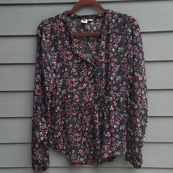 Roxy Sheer Black Floral Button down Top size Medium - Picture 11 of 11